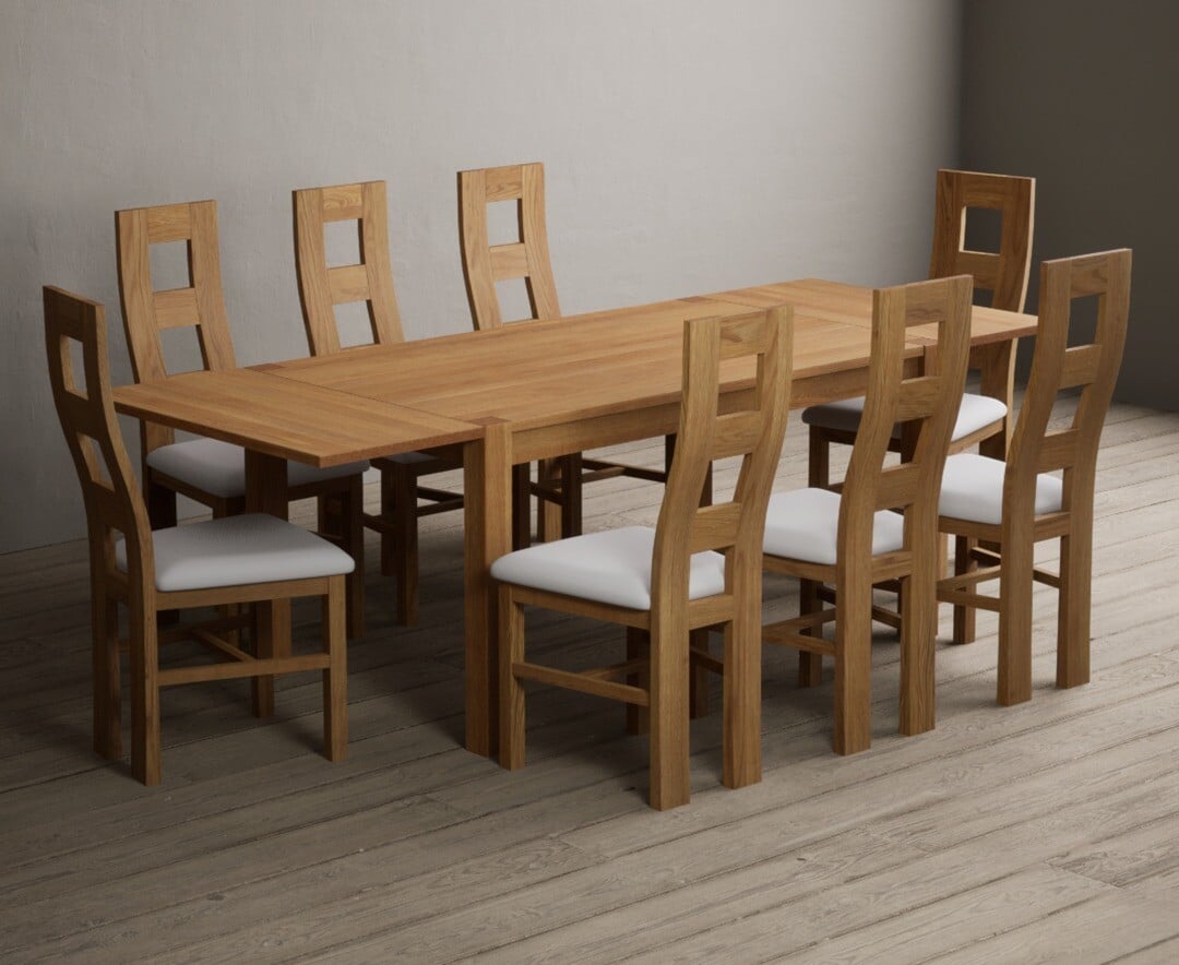 Thetford 150cm Oak Dining Table with Thetford 45cm Oak Extensions with 10 Blue Natural Chairs