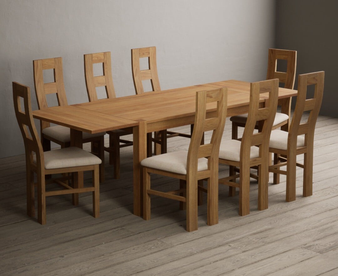 Thetford 150cm Oak Dining Table with Thetford 45cm Oak Extensions with 10 Blue Natural Chairs