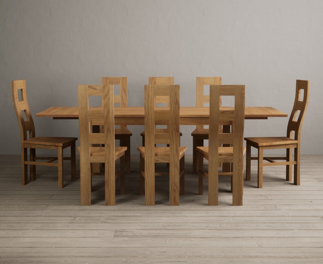 Thetford 150cm Oak Dining Table with Thetford 45cm Oak Extensions with 8 Oak Natural Chairs