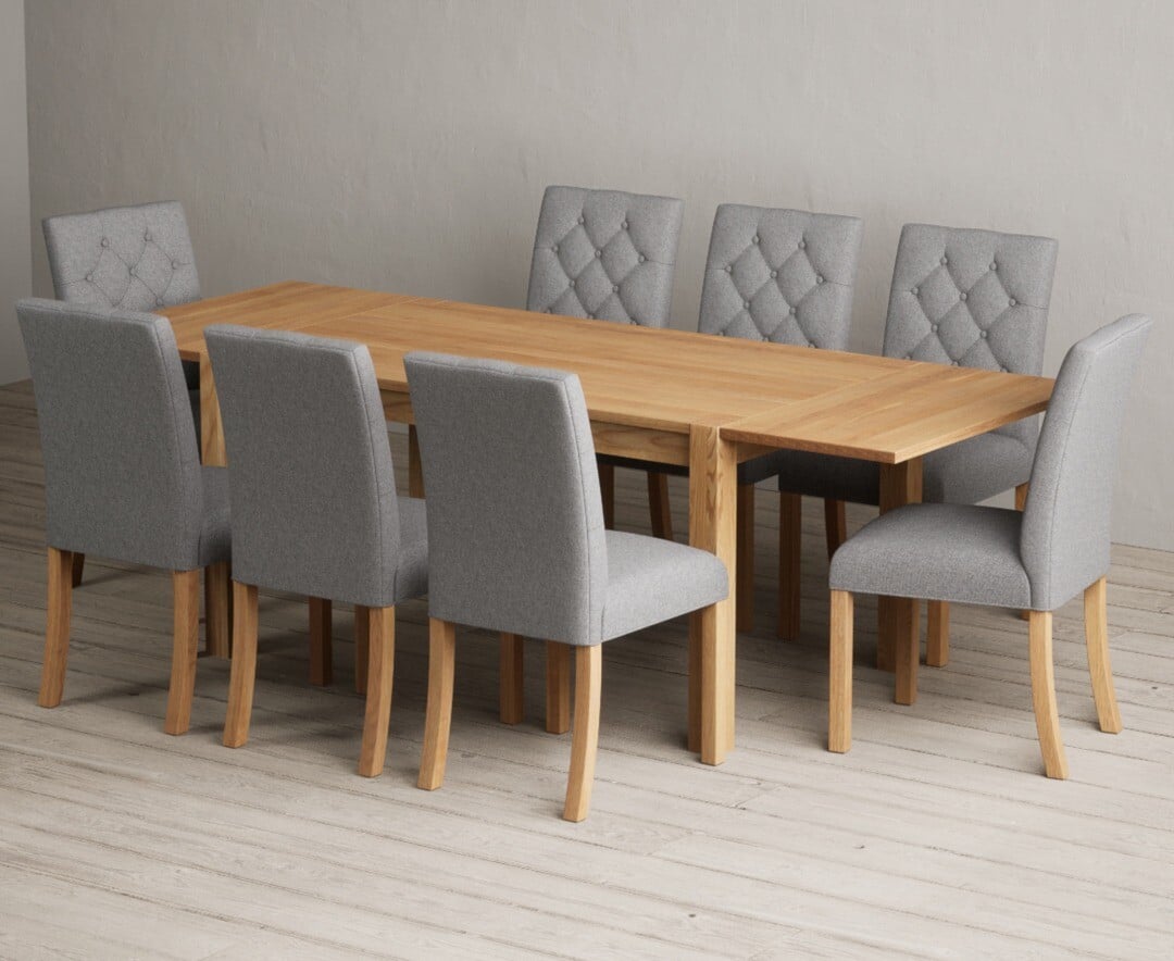 Thetford 150cm Oak Dining Table with Thetford 45cm Oak Extensions with 6 Grey Isabella Chairs