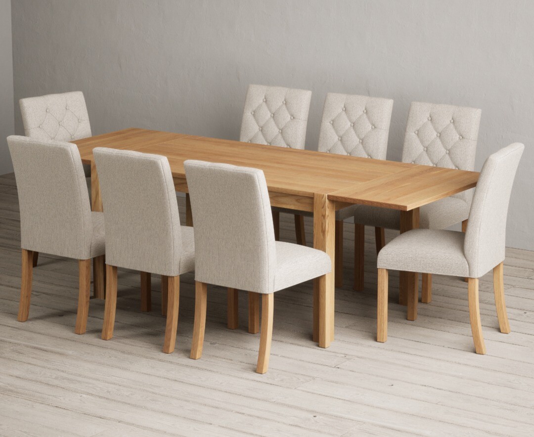 Thetford 150cm Oak Dining Table with Thetford 45cm Oak Extensions with 6 Grey Isabella Chairs