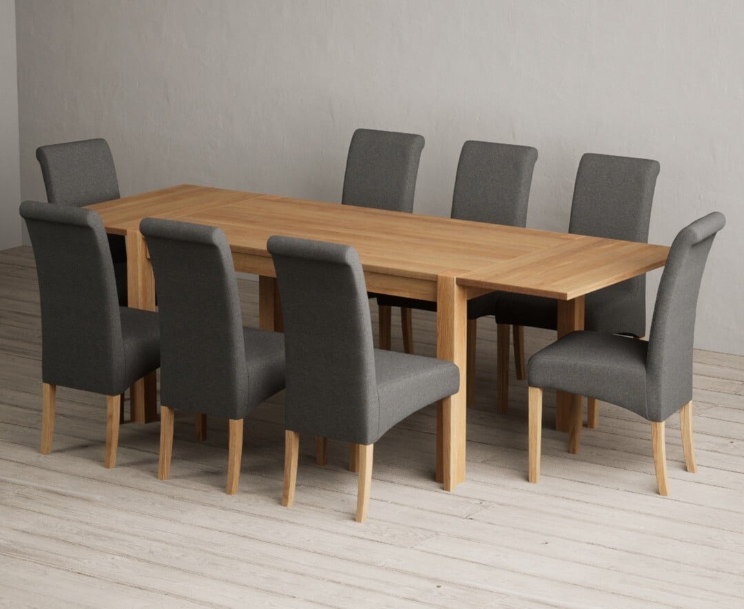 Thetford 150cm Oak Dining Table with Thetford 45cm Oak Extensions with 10 Natural Scroll Back Chairs