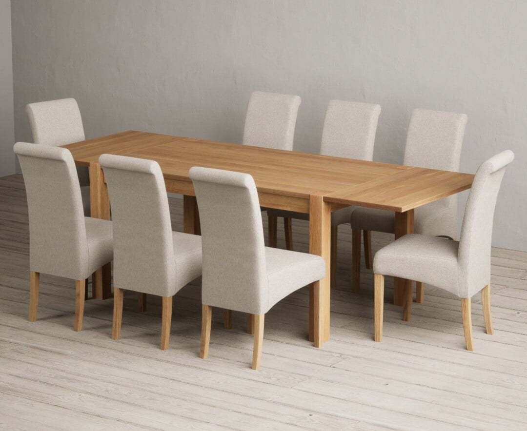 Thetford 150cm Oak Dining Table with Thetford 45cm Oak Extensions with 10 Natural Scroll Back Chairs