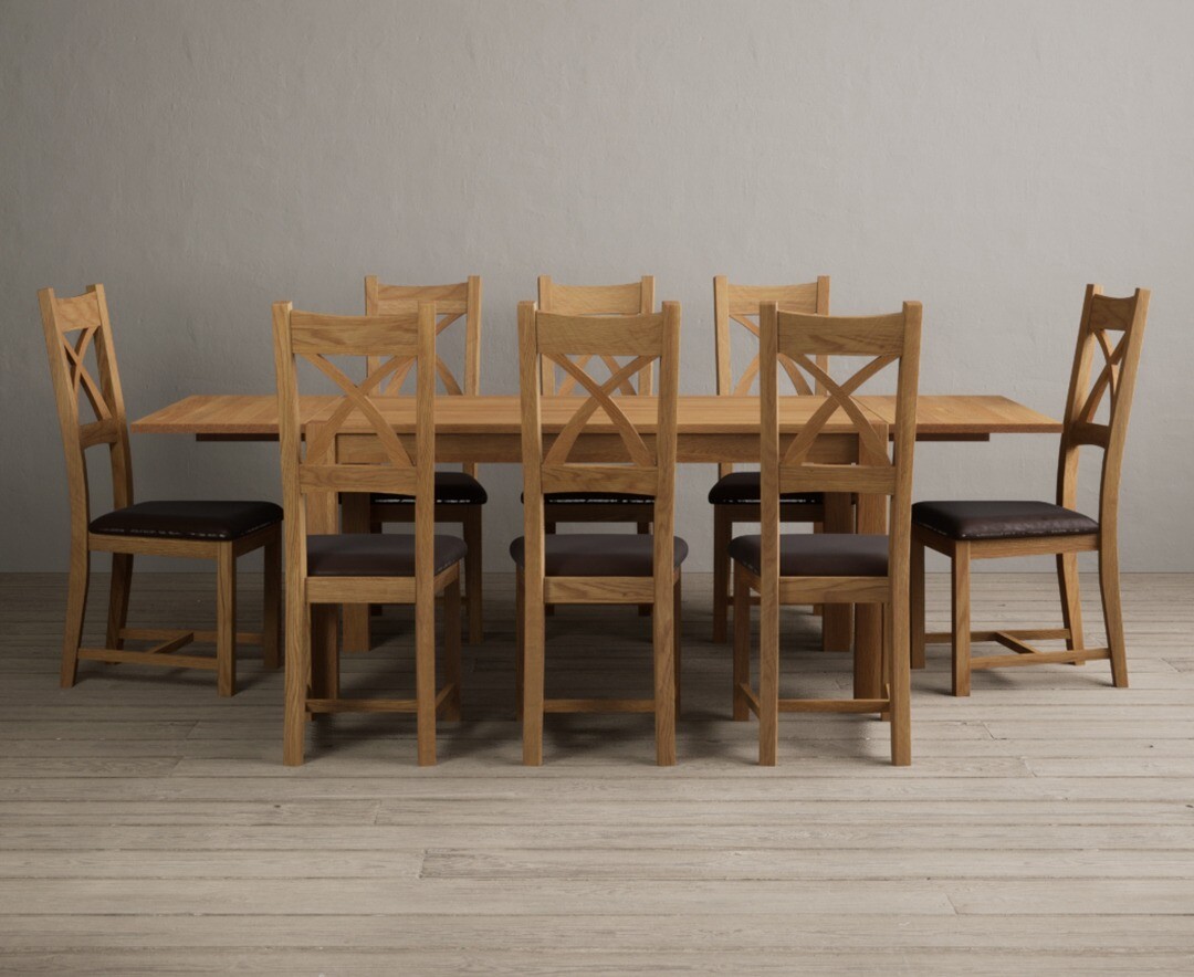 Thetford 150cm Oak Dining Table with Thetford 45cm Oak Extensions with 10 Blue Natural Chairs