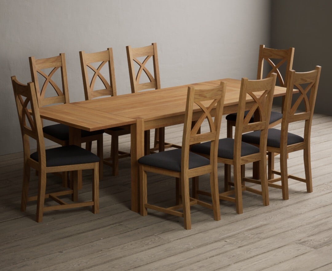 Thetford 150cm Oak Dining Table with Thetford 45cm Oak Extensions with 10 Blue Natural Chairs