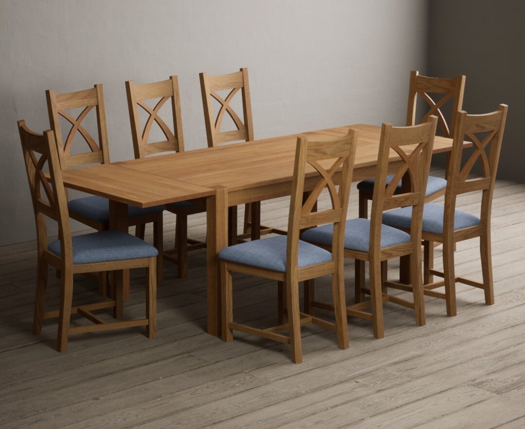 Thetford 150cm Oak Dining Table with Thetford 45cm Oak Extensions with 10 Blue Natural Chairs