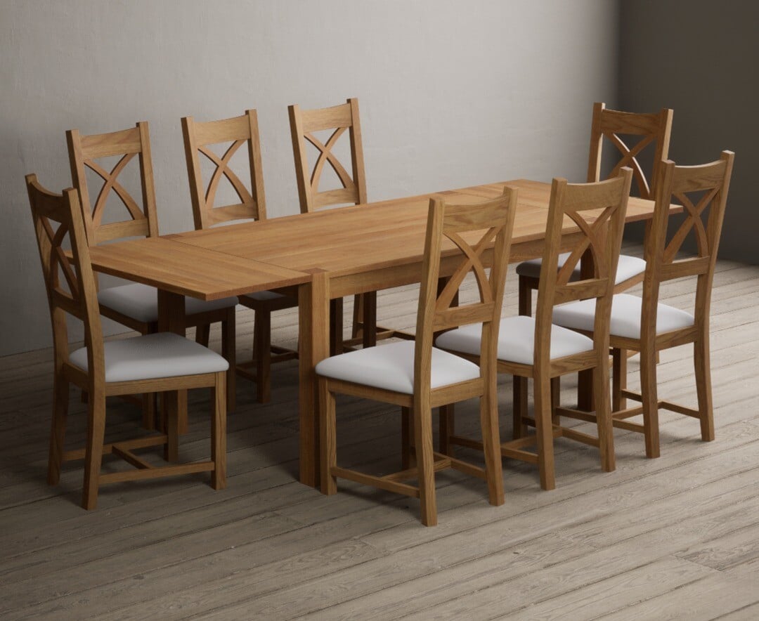 Thetford 150cm Oak Dining Table with Thetford 45cm Oak Extensions with 10 Blue Natural Chairs