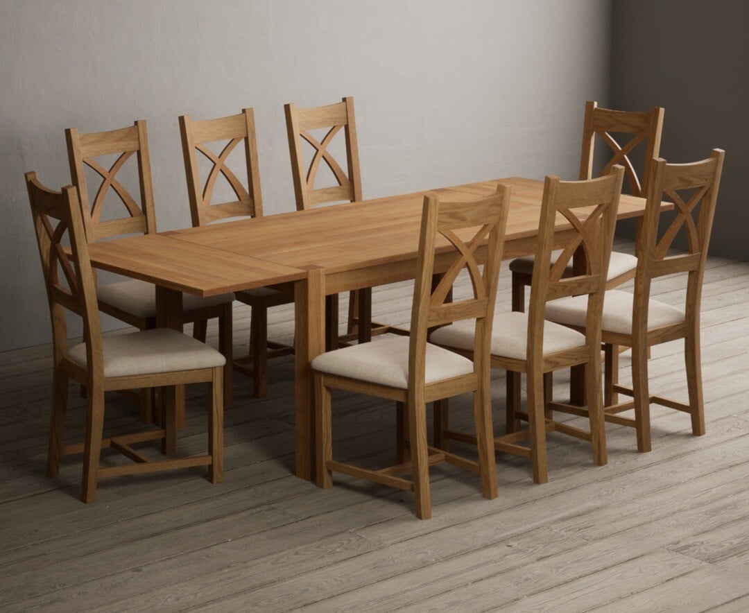 Thetford 150cm Oak Dining Table with Thetford 45cm Oak Extensions with 10 Blue Natural Chairs