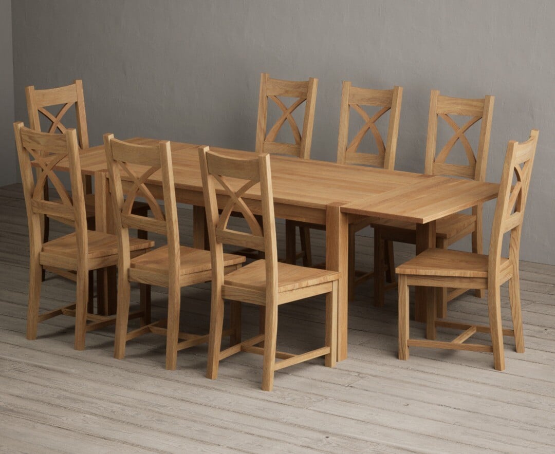 Thetford 150cm Oak Dining Table with Thetford 45cm Oak Extensions with 10 Blue Natural Chairs