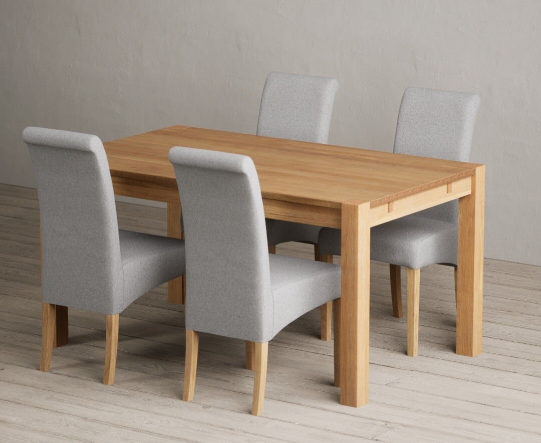 Thetford 150cm Oak Dining Table With 6 Blue Scroll Back Chairs