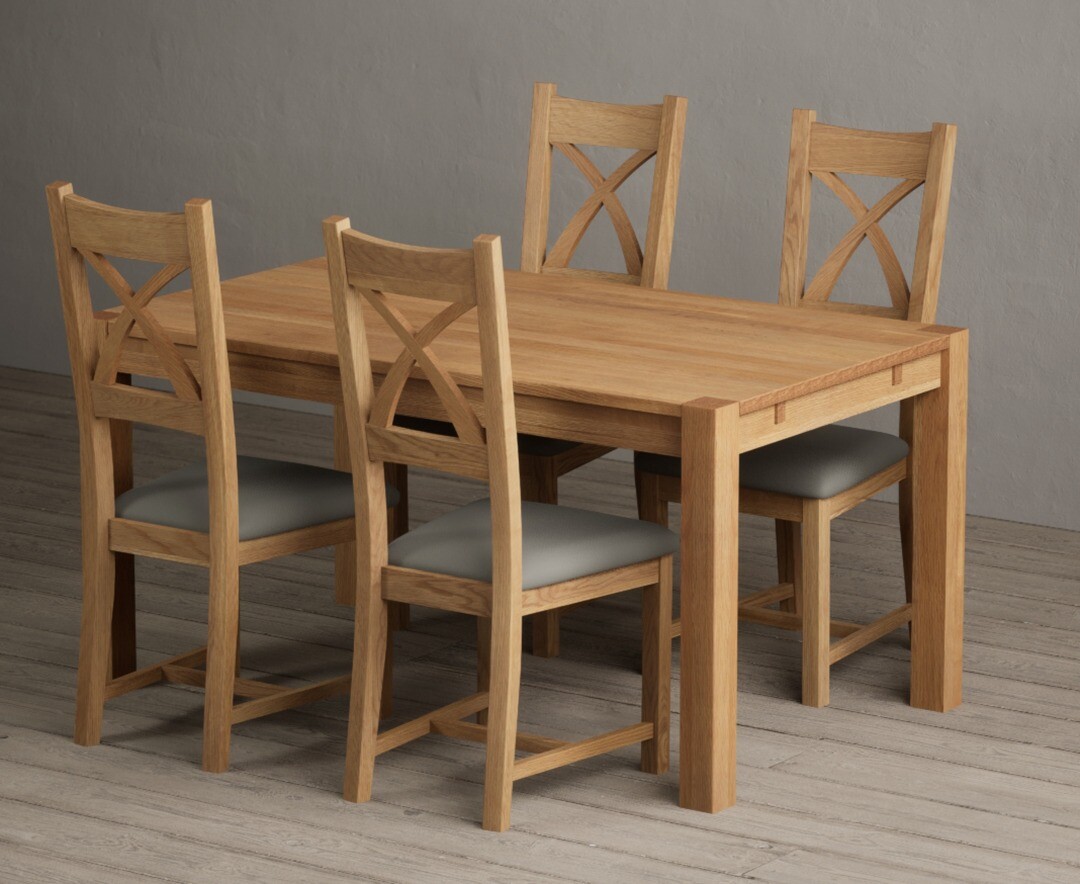 Thetford 150cm Oak Dining Table with 4 Grey Natural Solid Oak Chairs