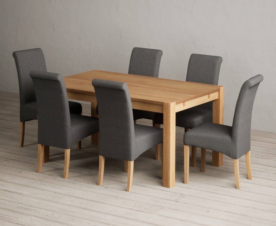 Thetford 150cm Oak Dining Table with 4 Grey Scroll Back Chairs