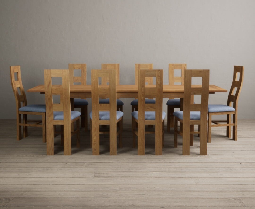 Thetford 180cm Oak Dining Table with Thetford 45cm Oak Extensions with 6 Blue Natural Chairs