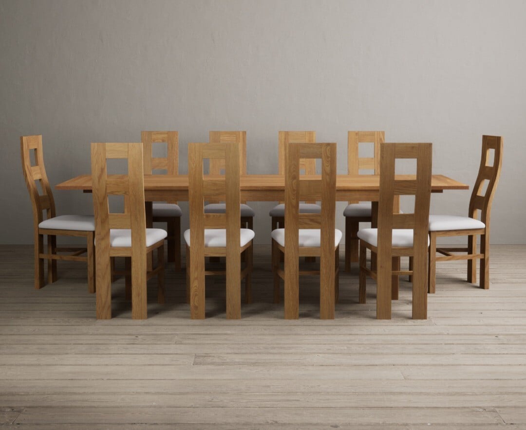 Thetford 180cm Oak Dining Table with Thetford 45cm Oak Extensions with 6 Blue Natural Chairs