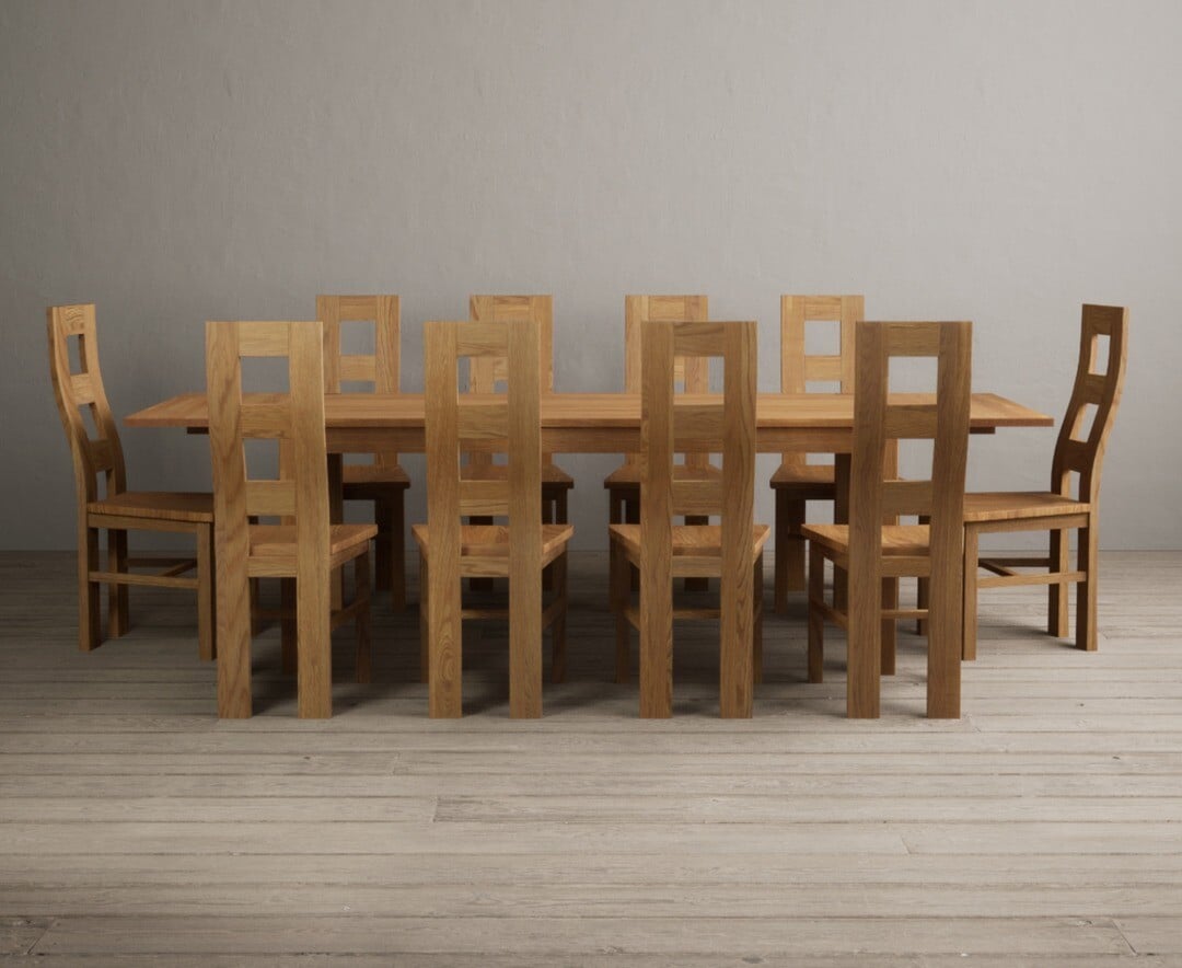 Thetford 180cm Oak Dining Table with Thetford 45cm Oak Extensions with 6 Blue Natural Chairs