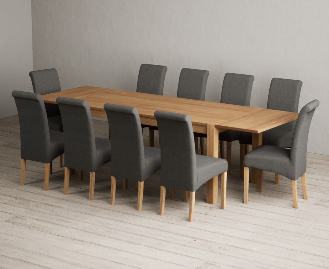 Thetford 180cm Oak Dining Table with Thetford 45cm Oak Extensions with 6 Grey Scroll Back Chairs