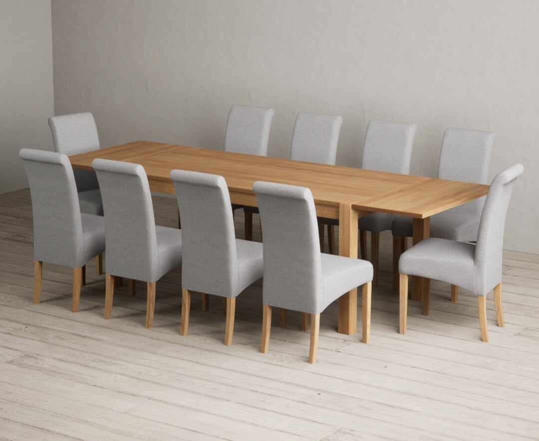 Thetford 180cm Oak Dining Table with Thetford 45cm Oak Extensions with 6 Grey Scroll Back Chairs