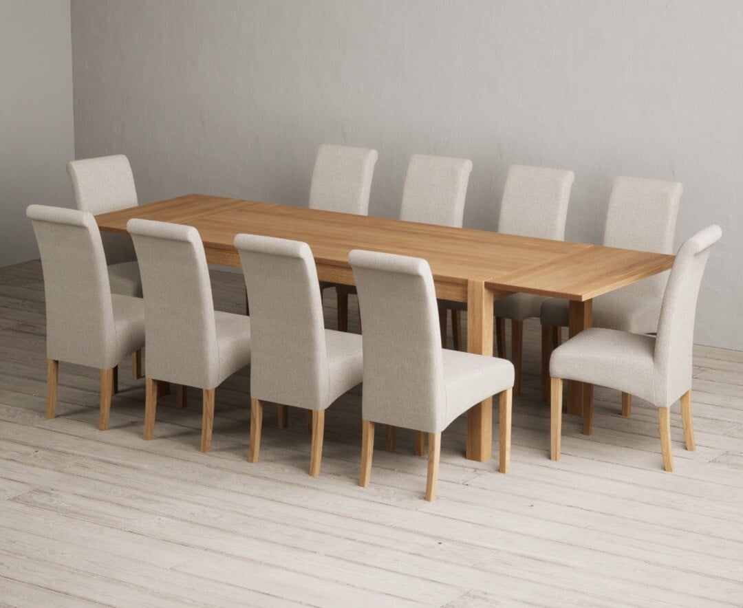 Thetford 180cm Oak Dining Table with Thetford 45cm Oak Extensions with 6 Grey Scroll Back Chairs