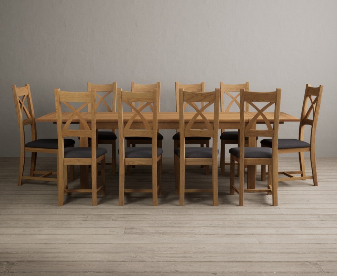 Thetford 180cm Oak Dining Table with Thetford 45cm Oak Extensions with 6 Blue Natural Chairs