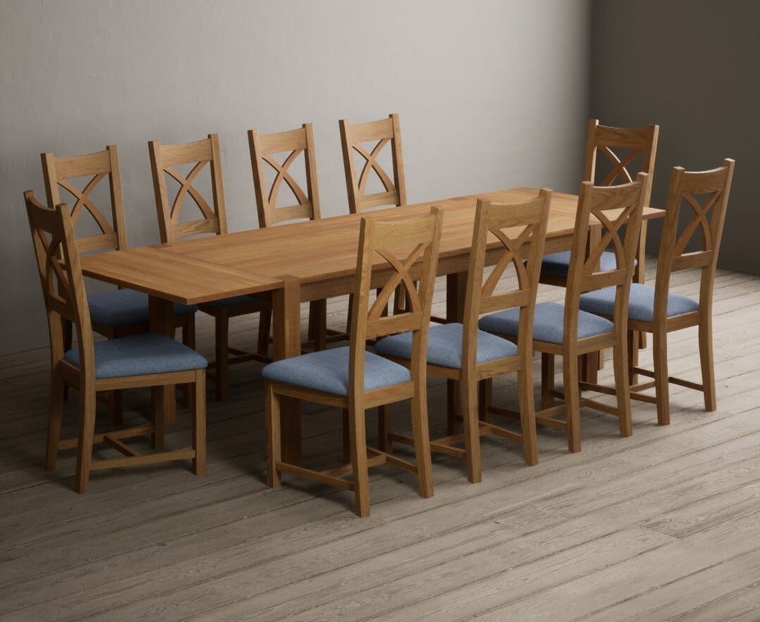 Thetford 180cm Oak Dining Table with Thetford 45cm Oak Extensions with 6 Blue Natural Chairs