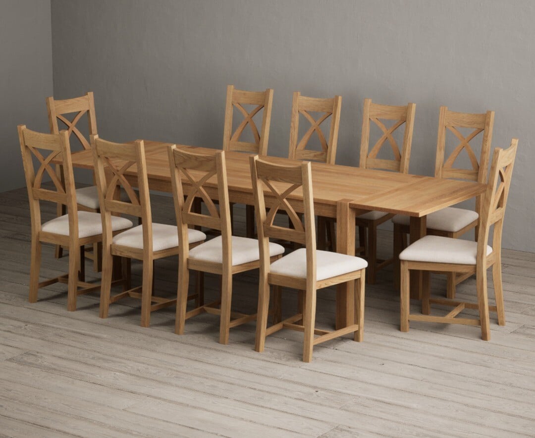 Thetford 180cm Oak Dining Table with Thetford 45cm Oak Extensions with 6 Blue Natural Chairs