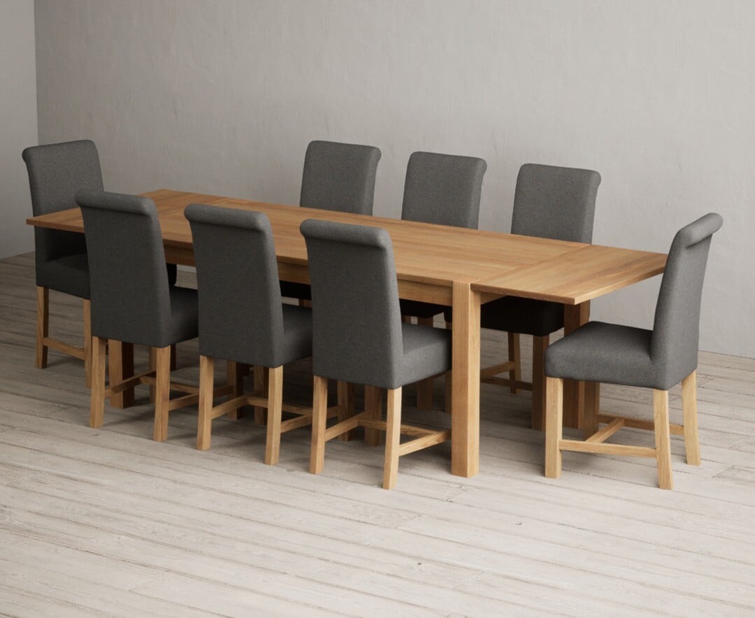 Thetford 180cm Oak Dining Table with Thetford 45cm Oak Extensions with 6 Grey Braced Chairs