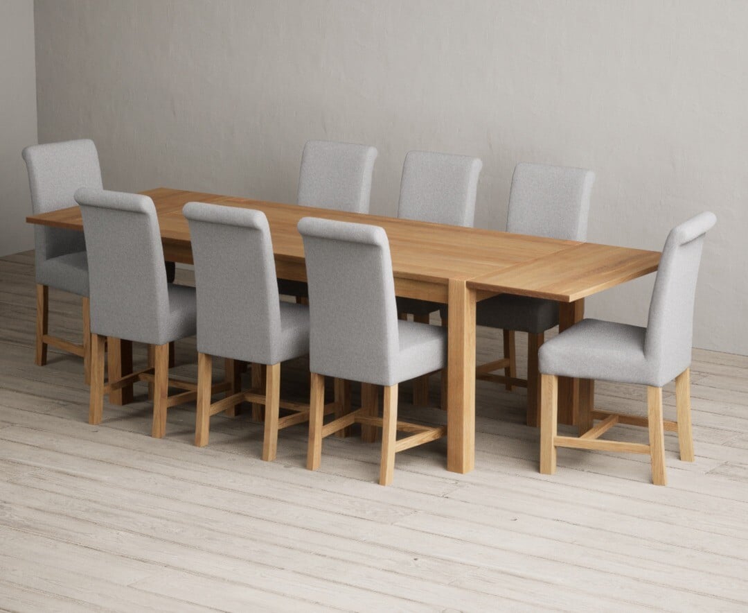 Thetford 180cm Oak Dining Table with Thetford 45cm Oak Extensions with 6 Grey Braced Chairs