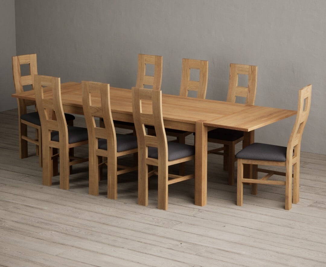 Thetford 180cm Oak Dining Table with Thetford 45cm Oak Extensions with 6 Blue Natural Chairs