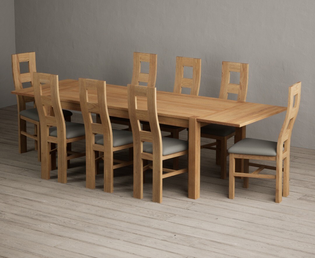 Thetford 180cm Oak Dining Table with Thetford 45cm Oak Extensions with 6 Grey Natural Solid Oak Chairs