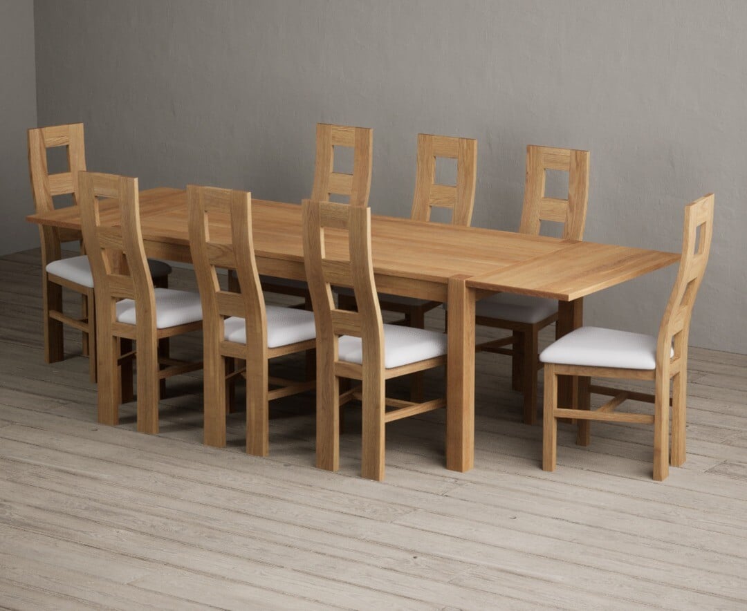 Thetford 180cm Oak Dining Table with Thetford 45cm Oak Extensions with 6 Blue Natural Chairs