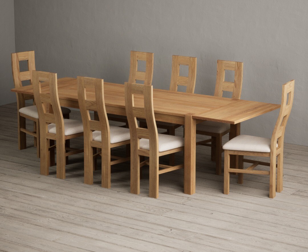 Thetford 180cm Oak Dining Table With Thetford 45cm Oak Extensions With 10 Light Grey Natural Chairs
