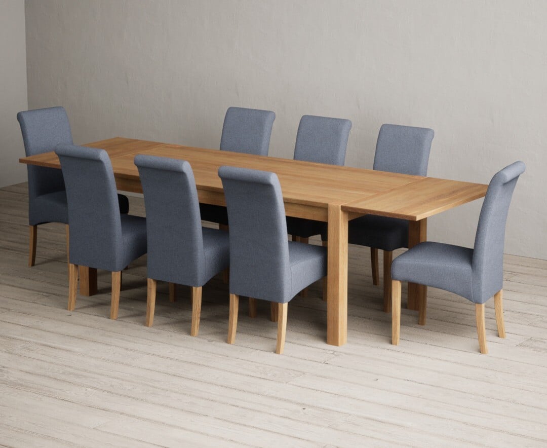 Thetford 180cm Oak Dining Table with Thetford 45cm Oak Extensions with 6 Grey Scroll Back Chairs