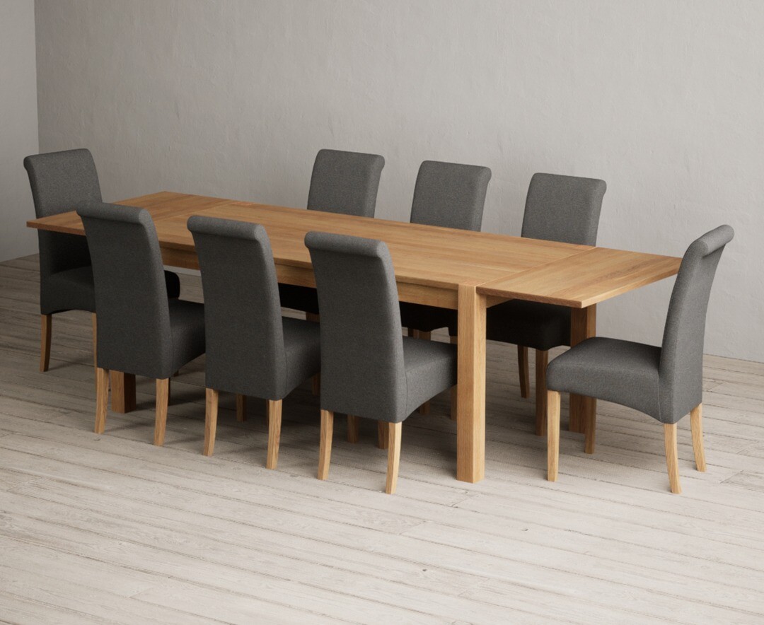 Thetford 180cm Oak Dining Table With Thetford 45cm Oak Extensions With 8 Blue Scroll Back Chairs