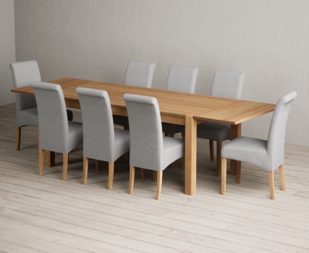 Thetford 180cm Oak Dining Table with Thetford 45cm Oak Extensions with 6 Grey Scroll Back Chairs