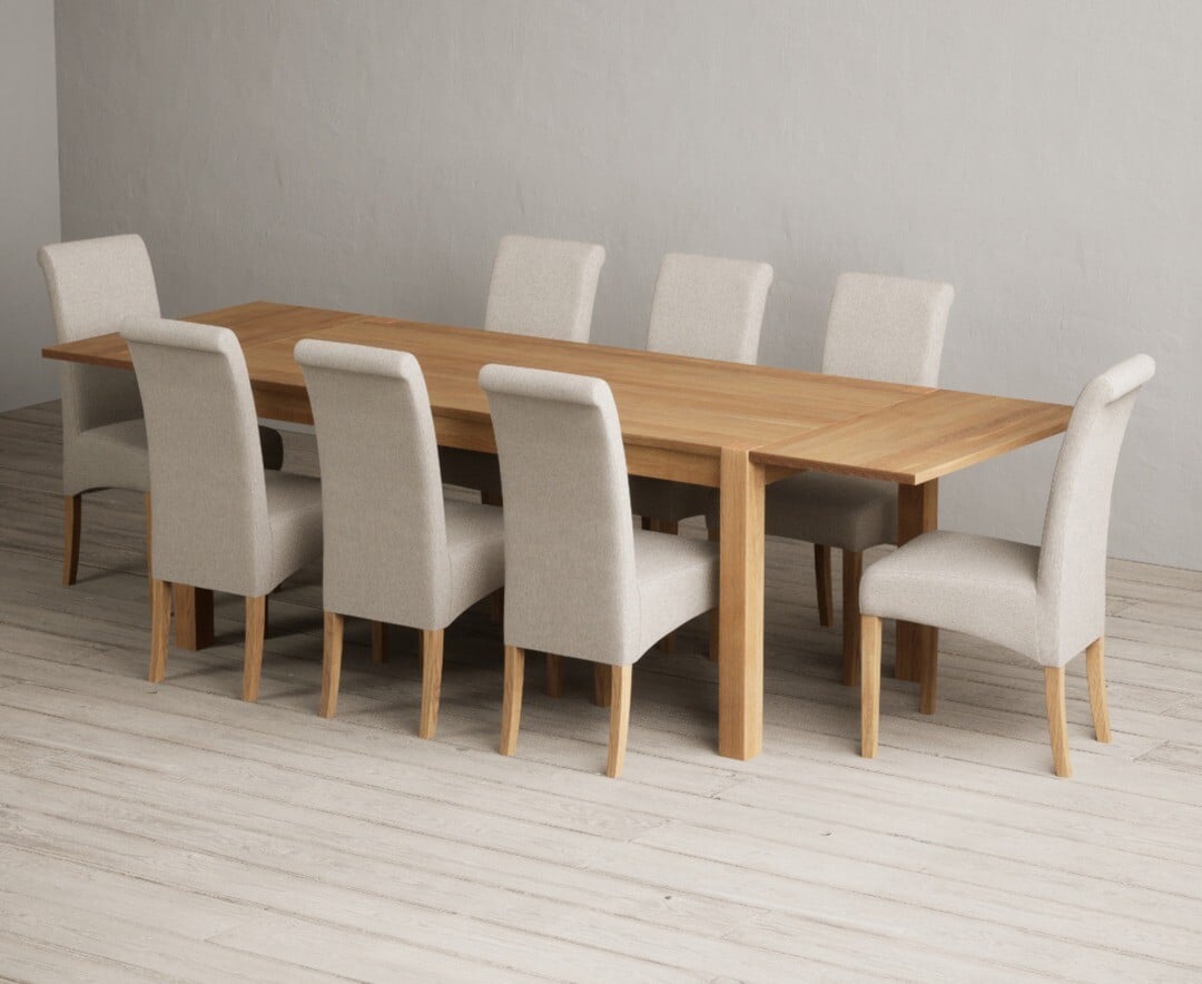 Thetford 180cm Oak Dining Table with Thetford 45cm Oak Extensions with 6 Grey Scroll Back Chairs
