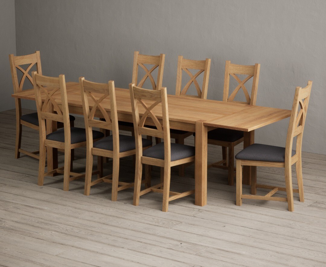 Thetford 180cm Oak Dining Table With Thetford 45cm Oak Extensions With 10 Light Grey Natural Solid Oak Chairs