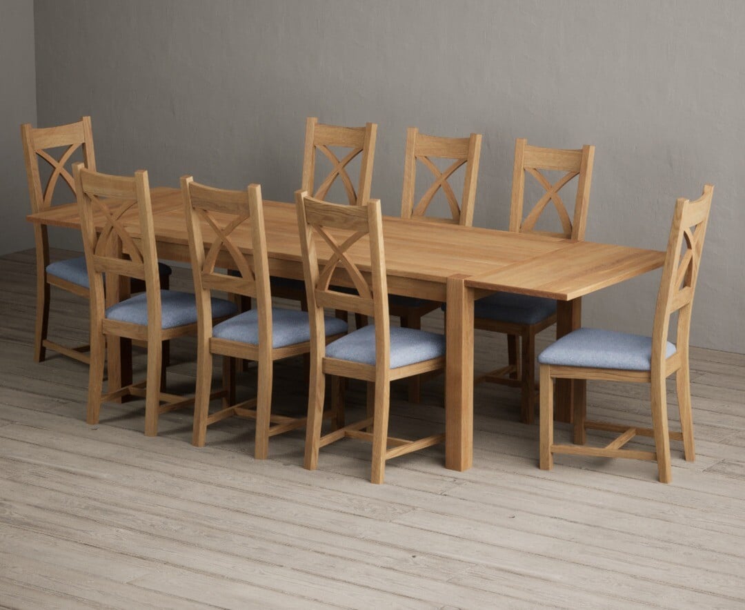 Thetford 180cm Oak Dining Table with Thetford 45cm Oak Extensions with 6 Blue Natural Chairs