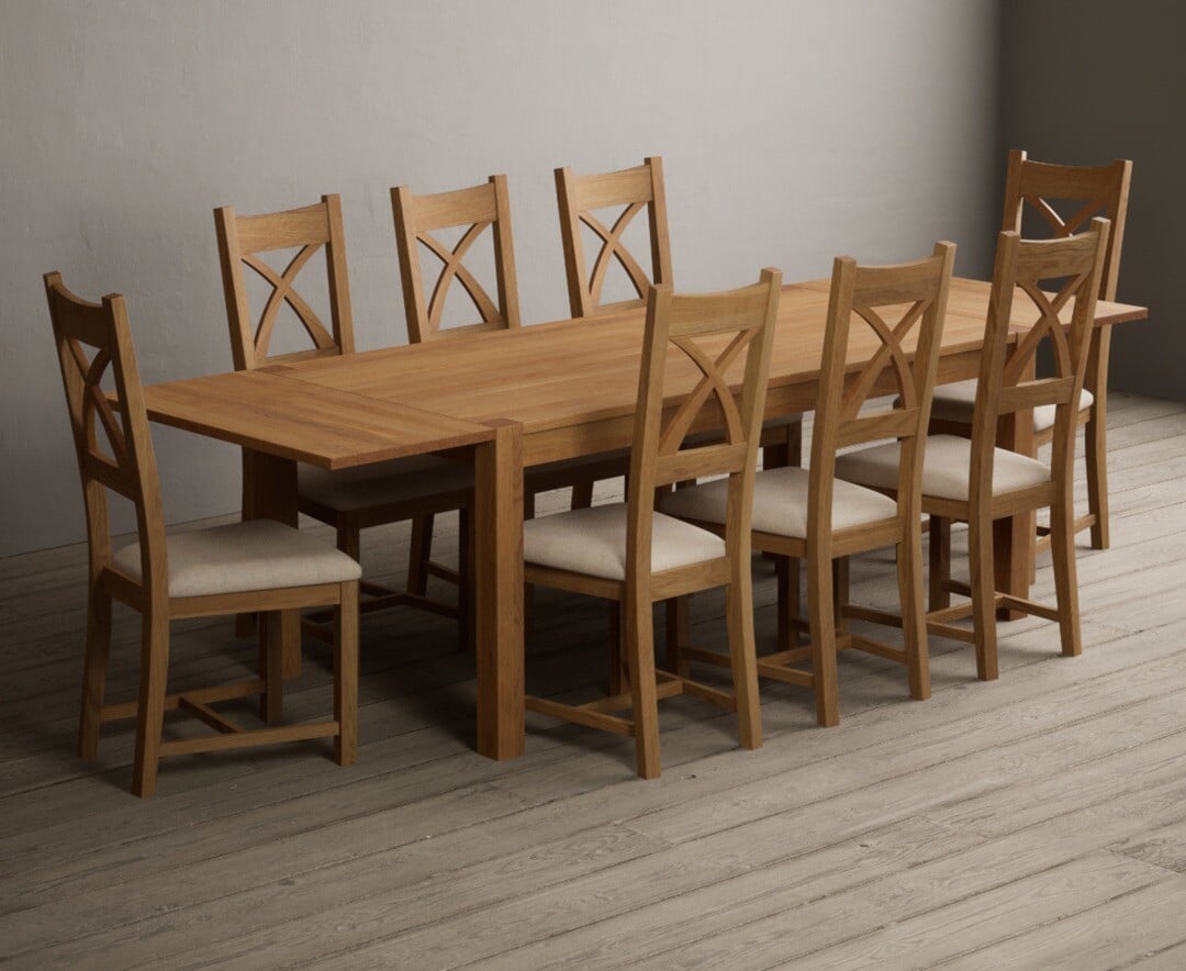 Thetford 180cm Oak Dining Table with Thetford 45cm Oak Extensions with 6 Blue Natural Chairs