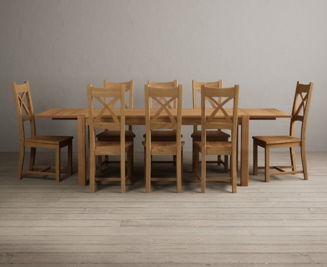 Thetford 180cm Oak Dining Table with Thetford 45cm Oak Extensions with 6 Blue Natural Chairs