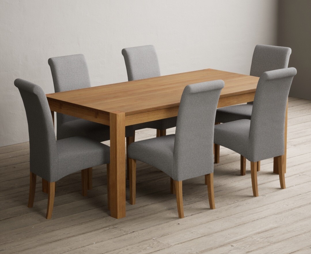 York 150cm Solid Oak Dining Table with 4 Light Grey York Chairs and 2 Oak Benches