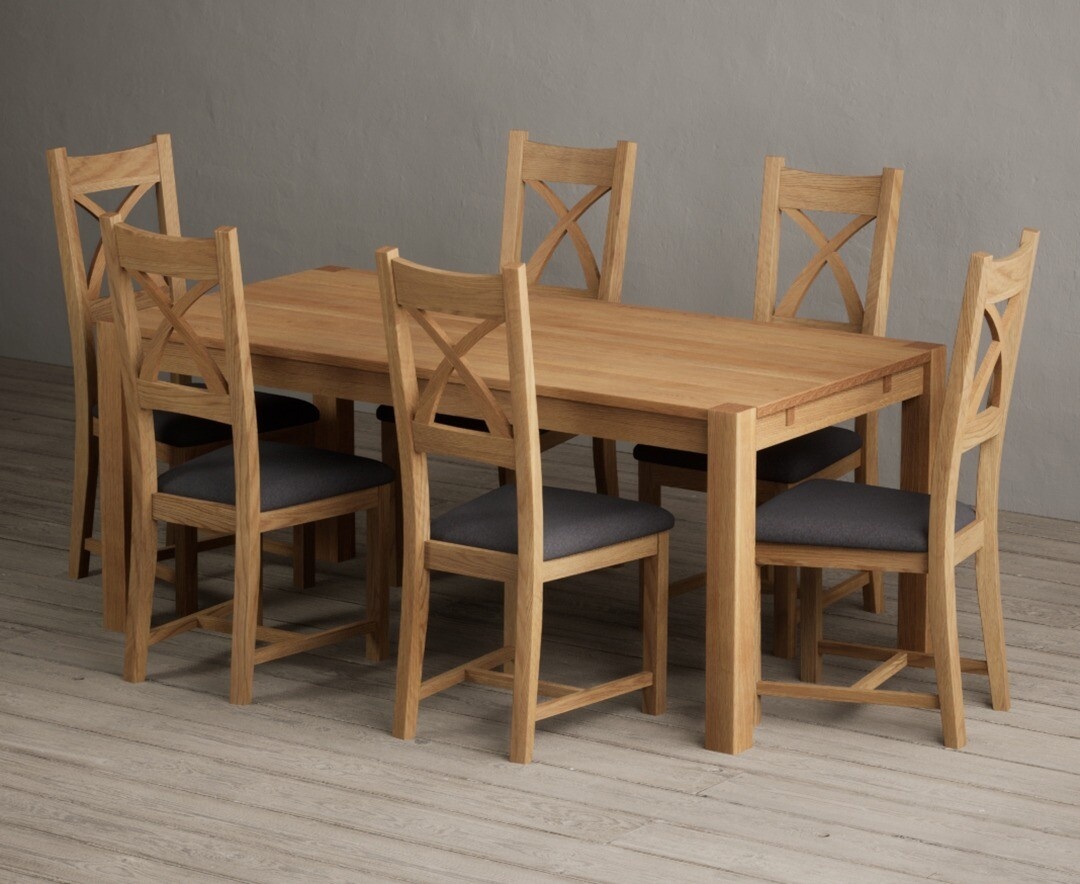 York 150cm Solid Oak Dining Table with 4 Light Grey York Chairs and 2 Oak Benches