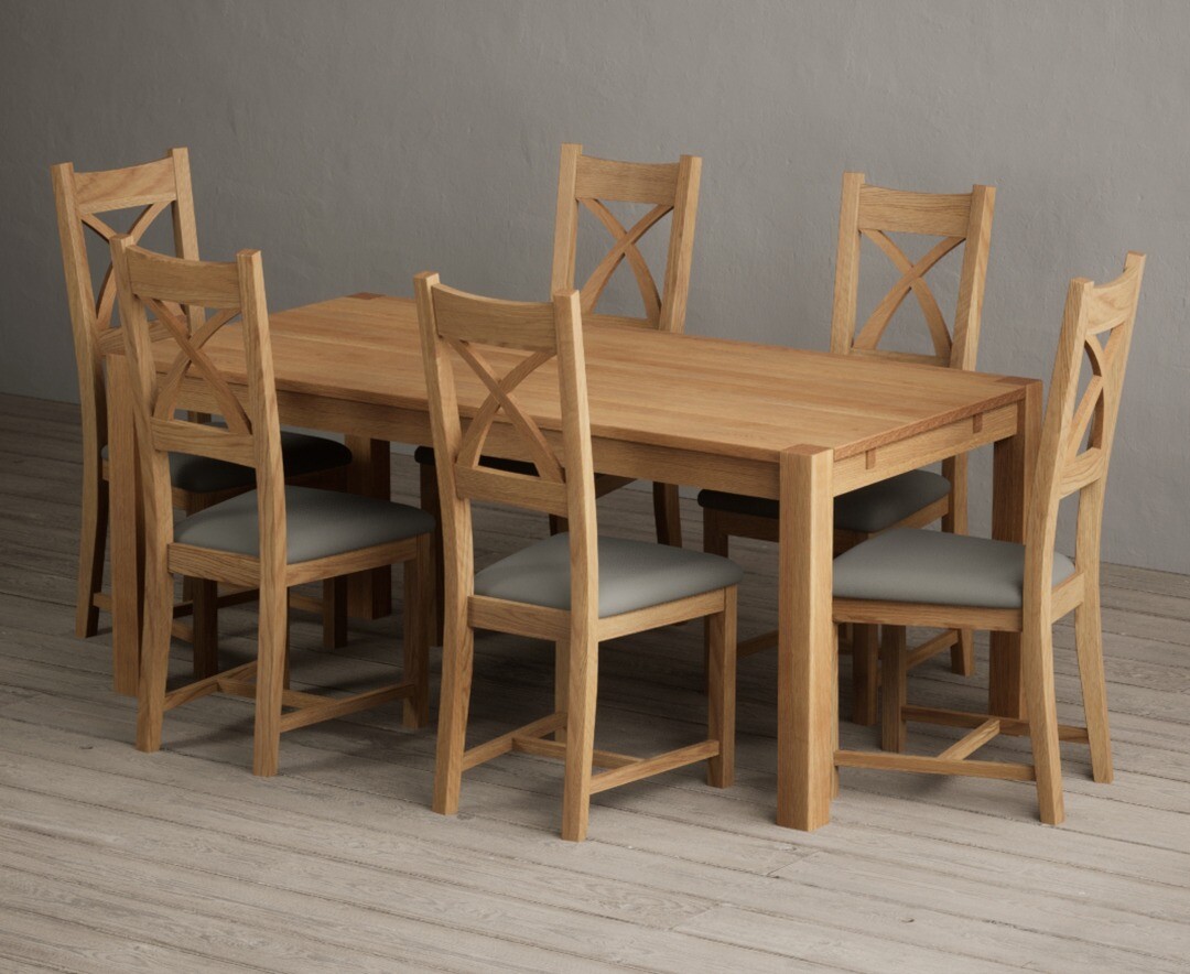 Thetford 180cm Oak Dining Table with 8 Grey Natural Solid Oak Chairs