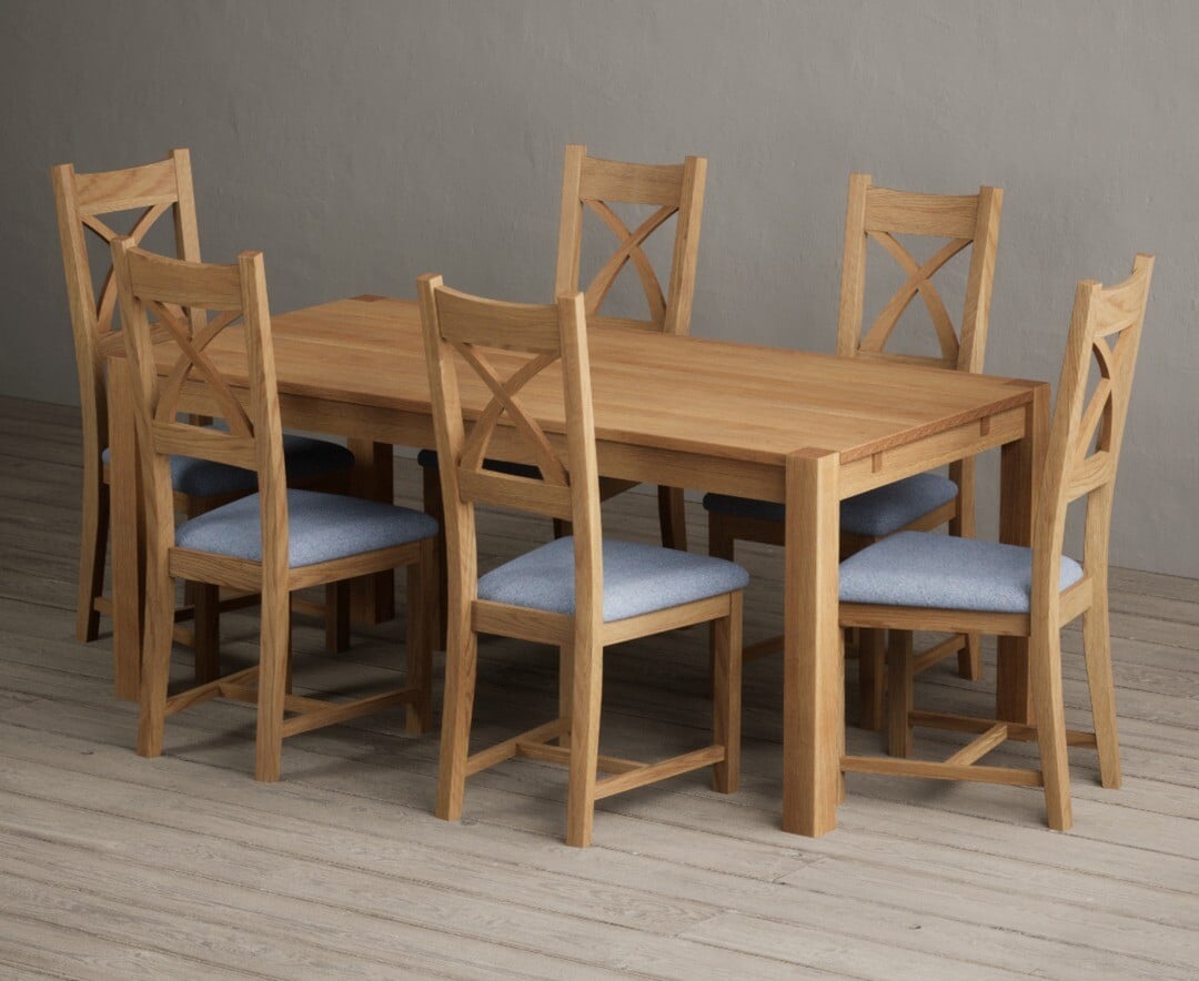 Thetford 180cm Oak Dining Table with 8 Blue Natural Solid Oak Chairs