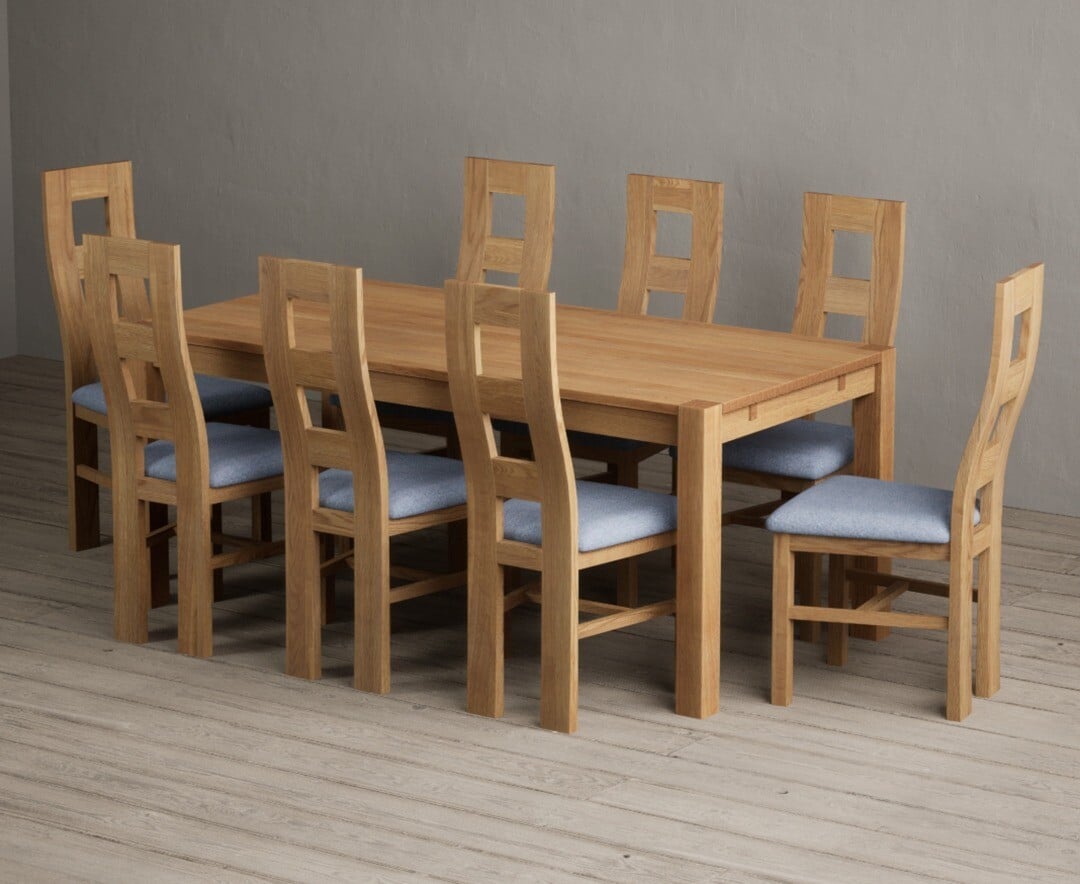 Thetford 180cm Oak Dining Table with 8 Blue Natural Solid Oak Chairs