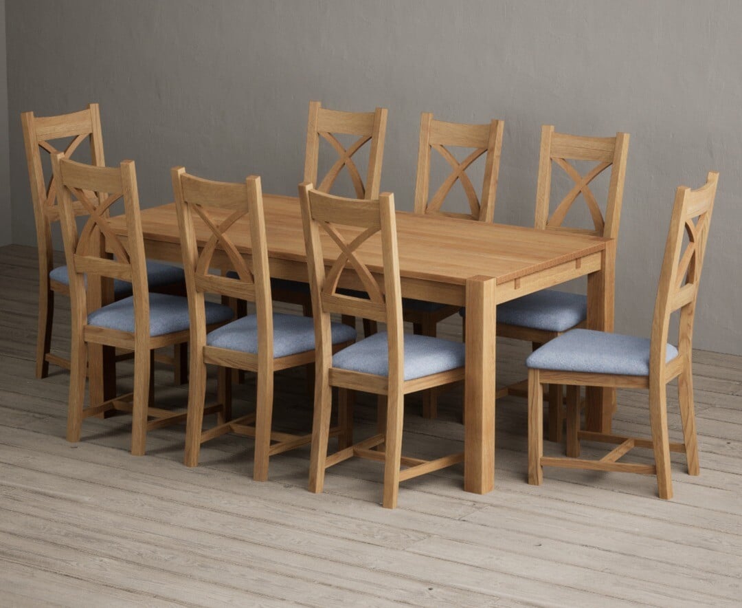 Thetford 180cm Oak Dining Table with 8 Blue Natural Solid Oak Chairs