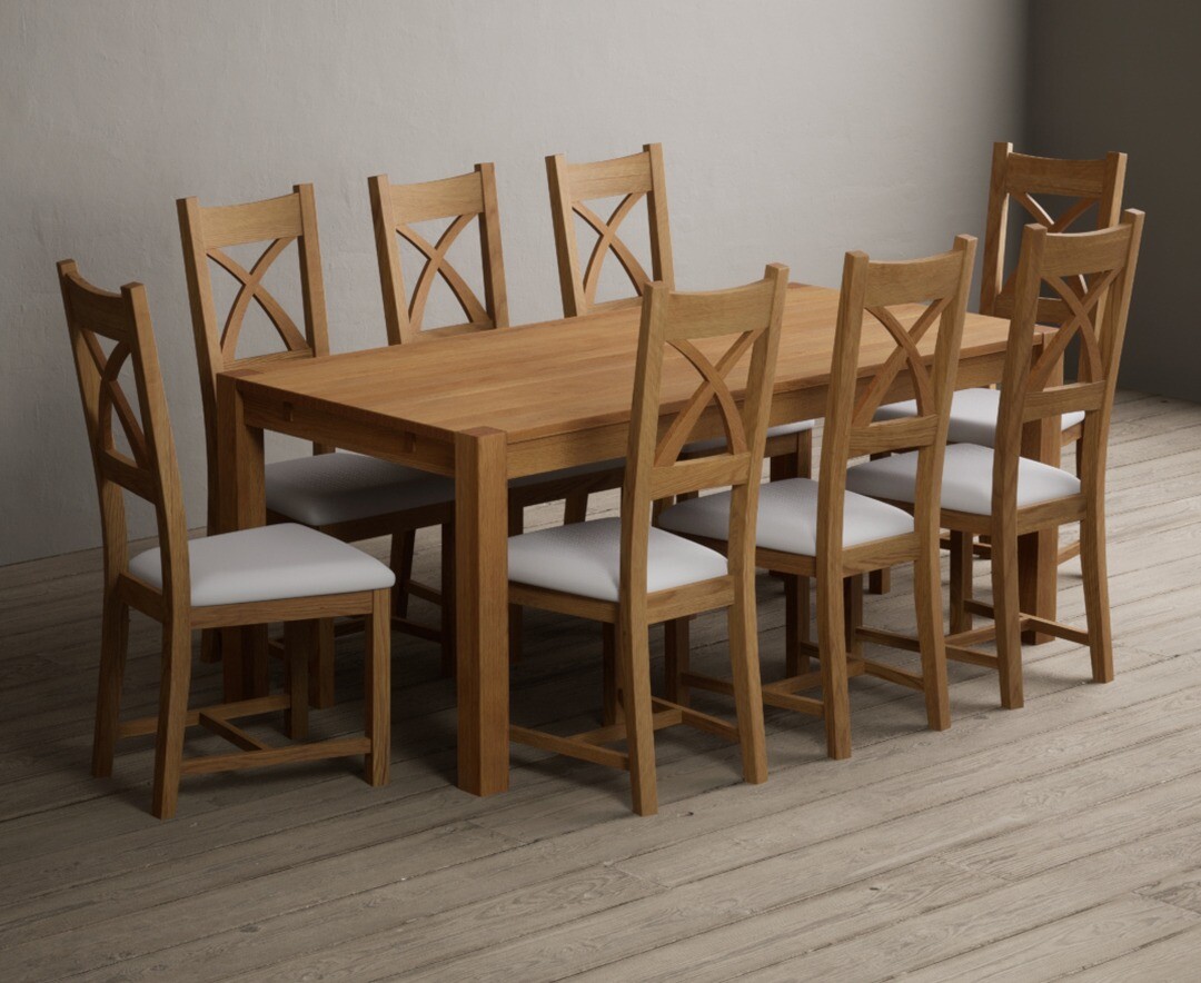 York 150cm Solid Oak Dining Table with 4 Light Grey York Chairs and 2 Oak Benches