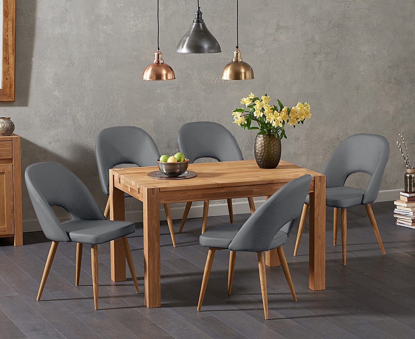 Thetford 120cm Solid Oak Dining Table With 4 Grey Hudson Chairs