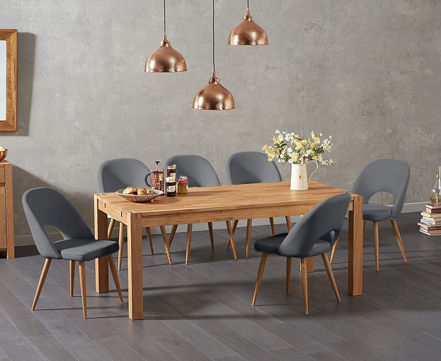 Thetford 180cm Oak Dining Table With 6 Grey Hudson Chairs