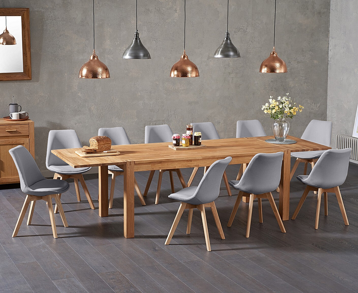 Thetford 180cm Oak Dining Table With 6 Dark Grey Orson Chairs With Thetford 45cm Oak Extensions