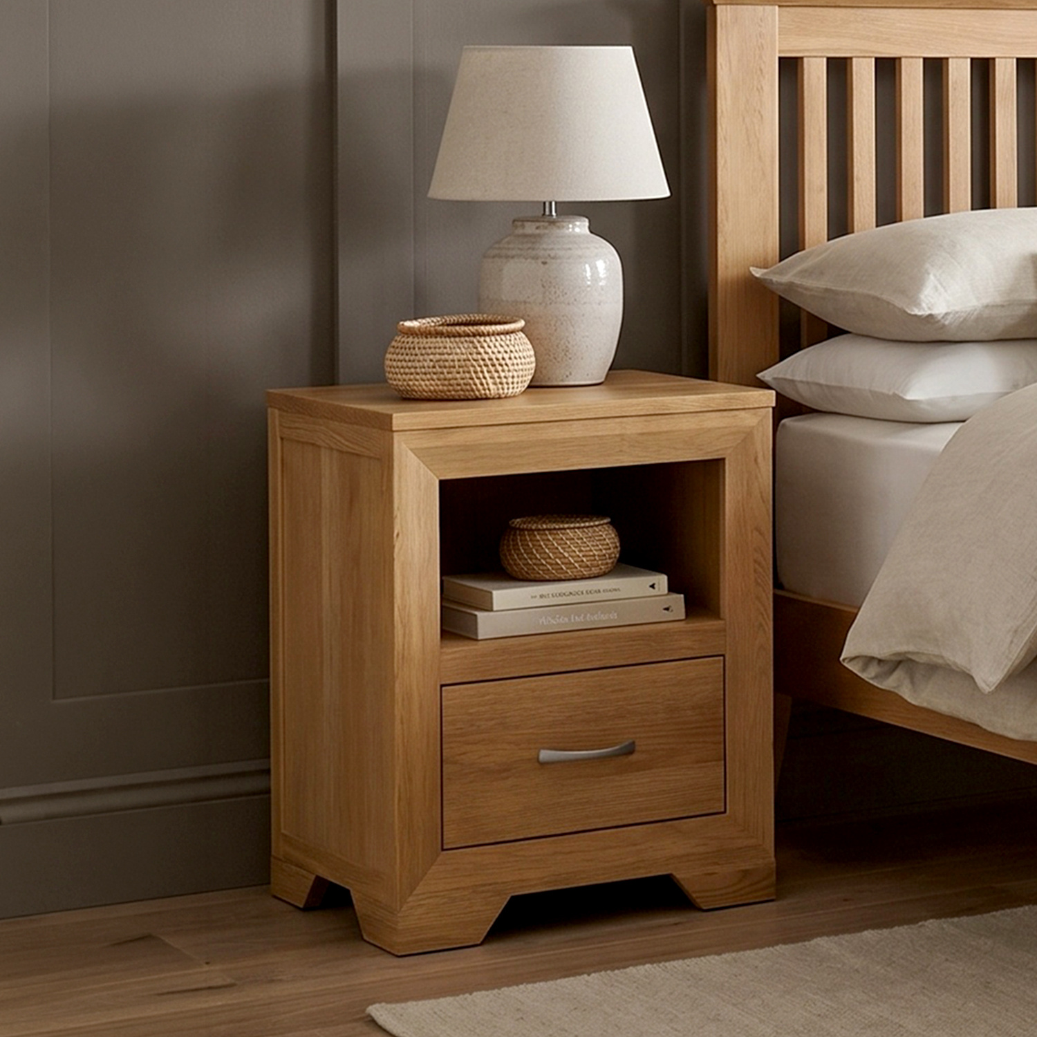 Tilt 100% Solid Oak 1 Drawer Bedside Table